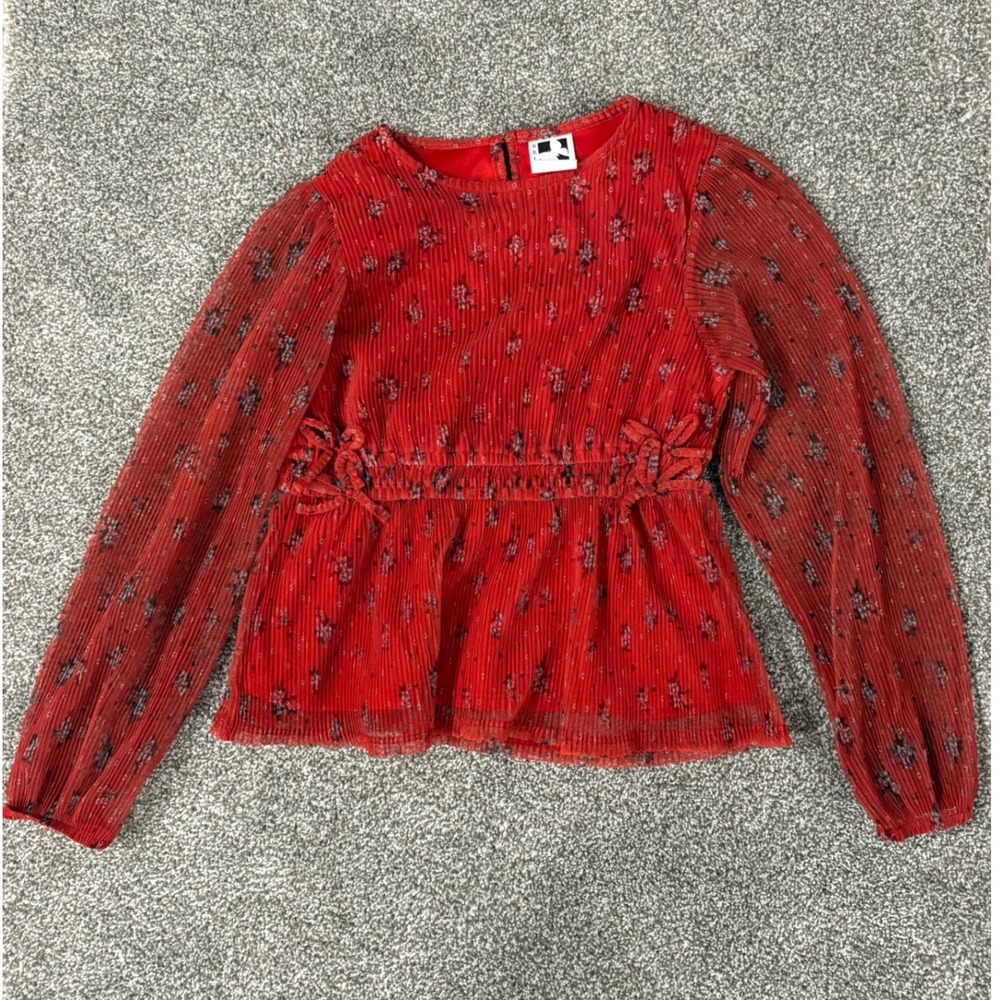 Self Esteem Kids Red Orange Floral Plissé Peplum Top Long Sleeve Size Medium (8)